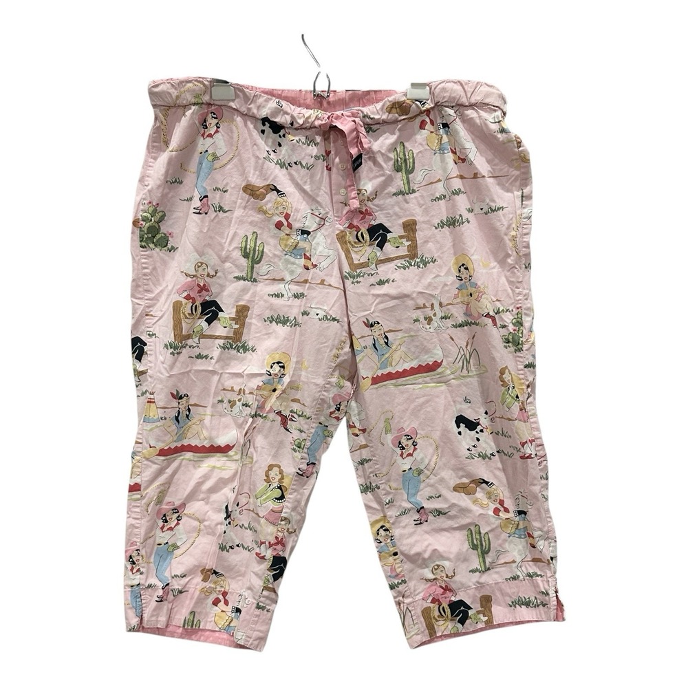 Nick & Nora Pajama Pants XL Capri Lounge Pink Cowgirl Western Pin-Up Cotton